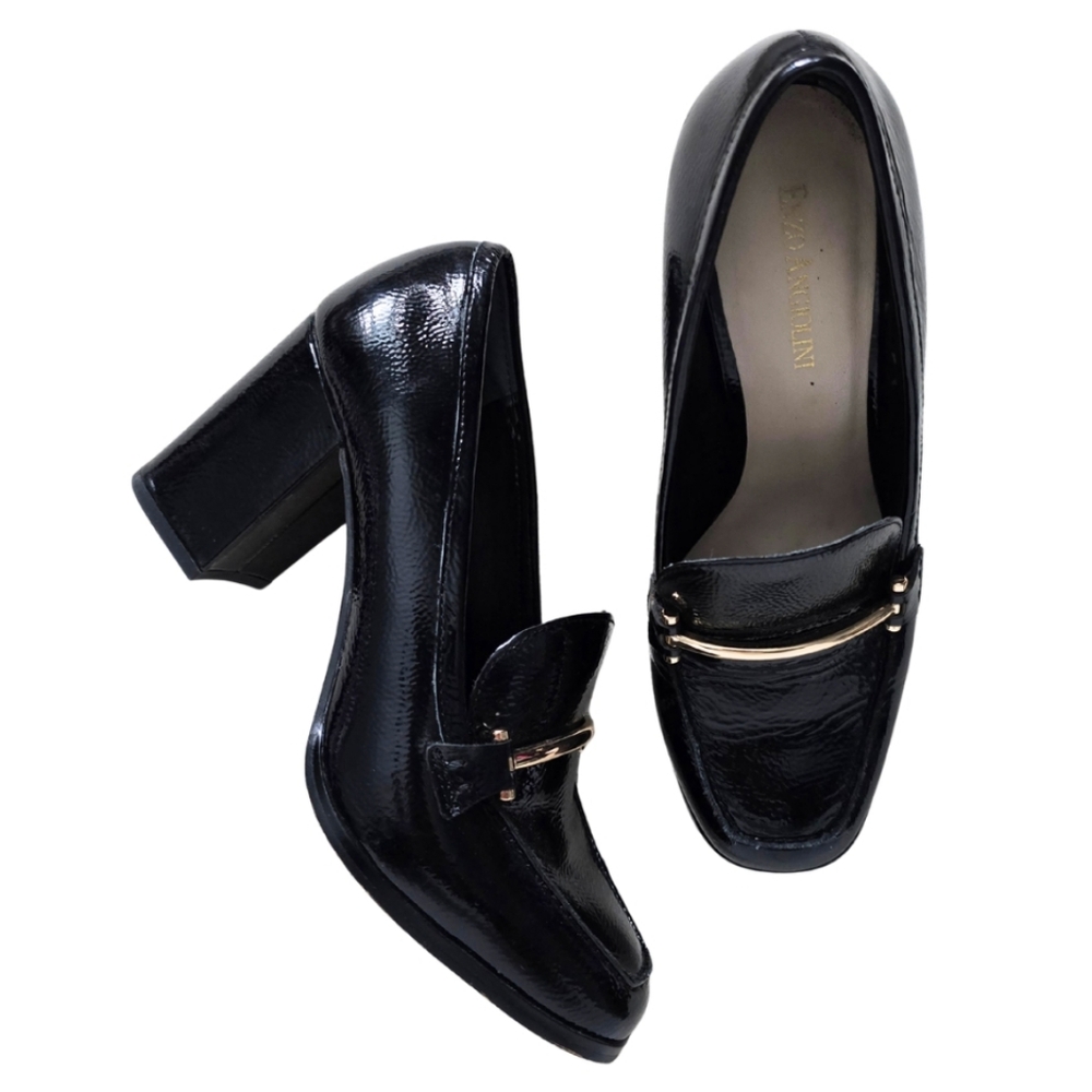 ENZO ANGIOLINI Mardie Pumps Black Patent Leather Block Heel Loafer 7.5/38